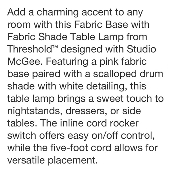 STUDIO MCGEE NWT table lamp fabric base & scallop shade -pink - Picture 7 of 10
